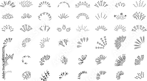 Line icons illustrating bursts, explosions, confetti, and surprise rays, doodle style, linear art illustration.