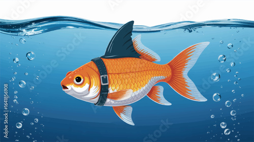 Goldfish with Shark Fin Costume Swimming Underwater Illustrating Deception and Ambition in a Blue Water Environment