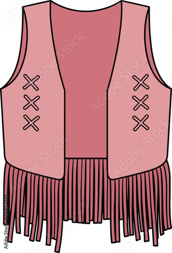Pink fringe vest, sleeveless fashion, boho style vest, women's casual wear, suede texture, trendy outerwear, tassel detailing, summer outfit, cad drawing, flat vector illustration
