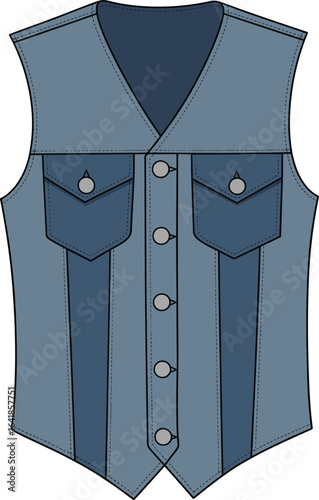 Blue denim vest, sleeveless jacket, button front, casual fashion wear, rugged style, streetwear design, utility pockets, cad drawing, flat vector illustration, modern apparel