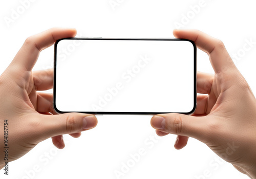 Hands holding a modern smartphone horizontally with a blank screen isolated on transparent background