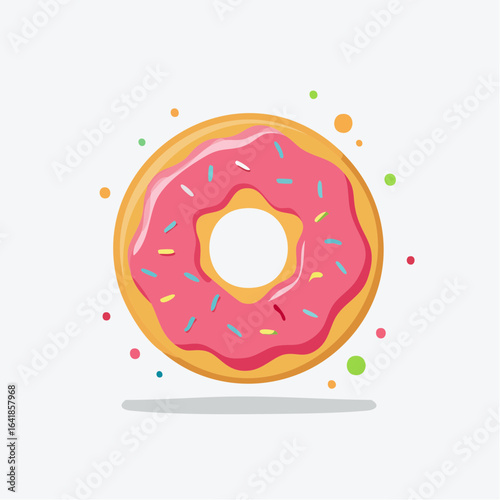 A vibrant, cartoon-style donut with pink frosting and colorful sprinkles, isolated.