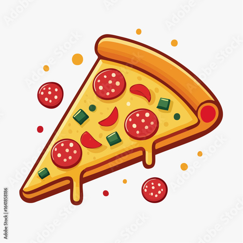A vibrant, cartoon-style illustration of a single pizza slice with toppings, ready to eat.