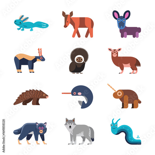 vector geometric animal faces, each composed of various polygons and bright colors. The animals are stylized in a low-poly art style, giving them a modern and artistic appearance. Each face 