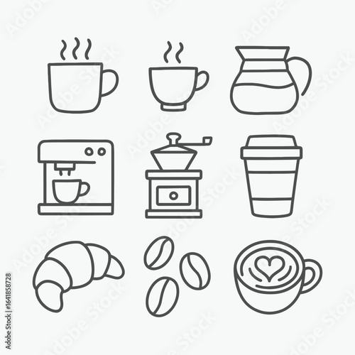 Coffee Shop and Morning Icons: Mug, Pot, Maker, Grinder, To-Go Cup, Croissant, Beans, and Latte