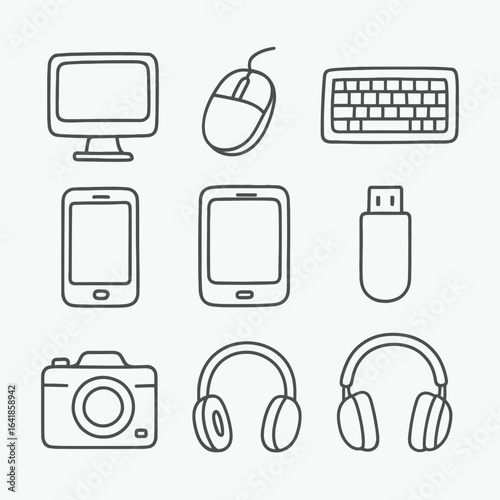 Computer and Technology Icons: Monitor, Mouse, Keyboard, Smartphone, Tablet, USB, Camera, and Headphones