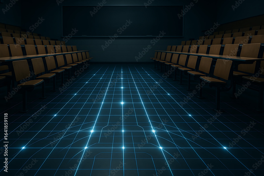 Fototapeta premium Futuristic classroom auditorium with wooden seats and glowing digital grid floor, immersive technology learning space, advanced education lecture hall, high tech training environment, virtual reality 
