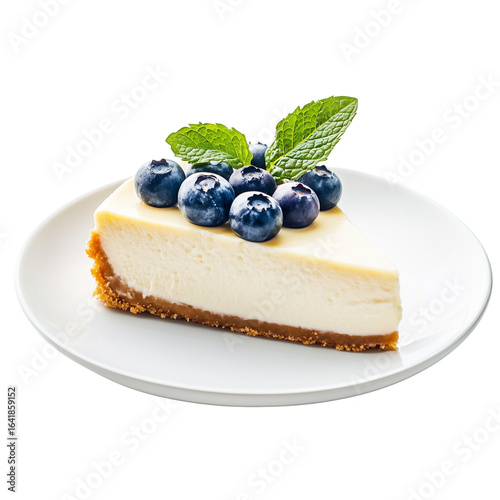 Slice of creamy cheesecake topped with fresh blueberries and a mint sprig, elegantly placed on a white plate isolated on a transparent background