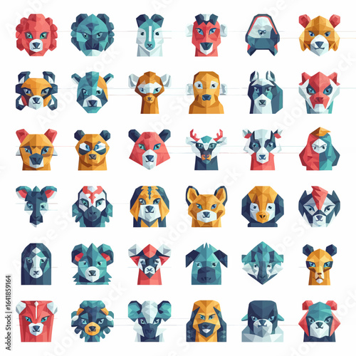 vector geometric animal faces, each composed of various polygons and bright colors. The animals are stylized in a low-poly art style, giving them a modern and artistic appearance. Each face 