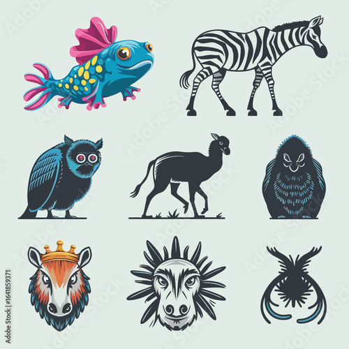 vector geometric animal faces, each composed of various polygons and bright colors. The animals are stylized in a low-poly art style, giving them a modern and artistic appearance. Each face 