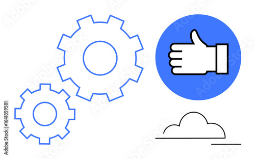 Two intertwined gears complementing a thumbs-up icon on a blue circle and a minimalist cloud. Ideal for teamwork, efficiency, innovation, success, technology, positive feedback, simple landing page