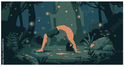 Man practicing yoga wheel pose in an enchanted forest at night with glowing fireflies. Vector illustration of mindfulness and wellness.