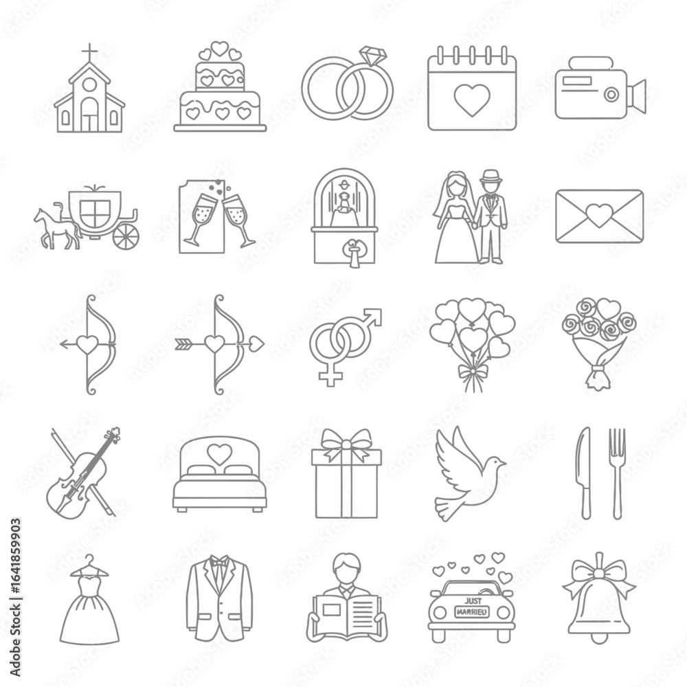 Obraz premium Collection of wedding icons featuring cake rings church and other celebratory elements in outline style