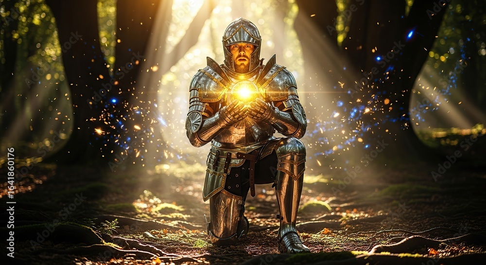 Fototapeta premium Knight in shining armor holding a glowing orb in forest