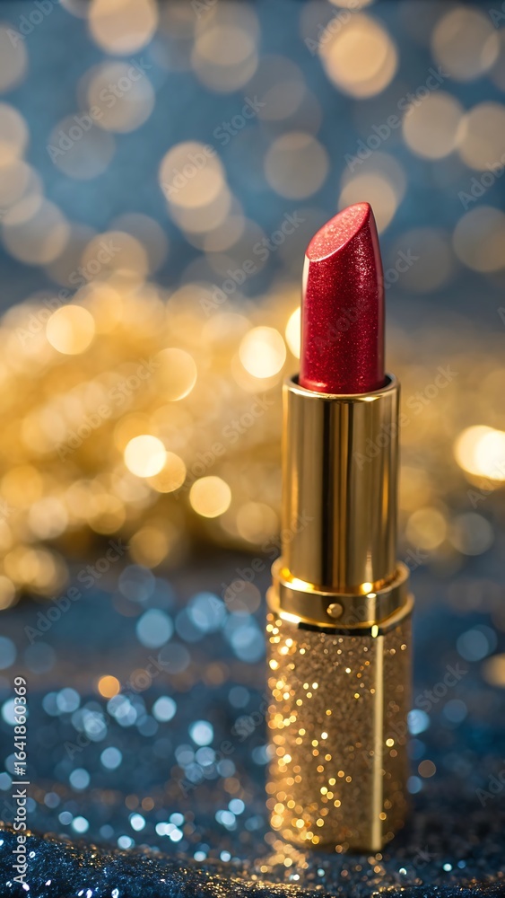 Close up of a Luxurious Red Lipstick with Golden Glitter Packaging on a Bokeh Background for Beauty and Cosmetics Concepts Close up of a Luxurious Red Lipstick with Golden Glitter Packaging on a Bokeh Background for Beauty and Cosmetics Concepts