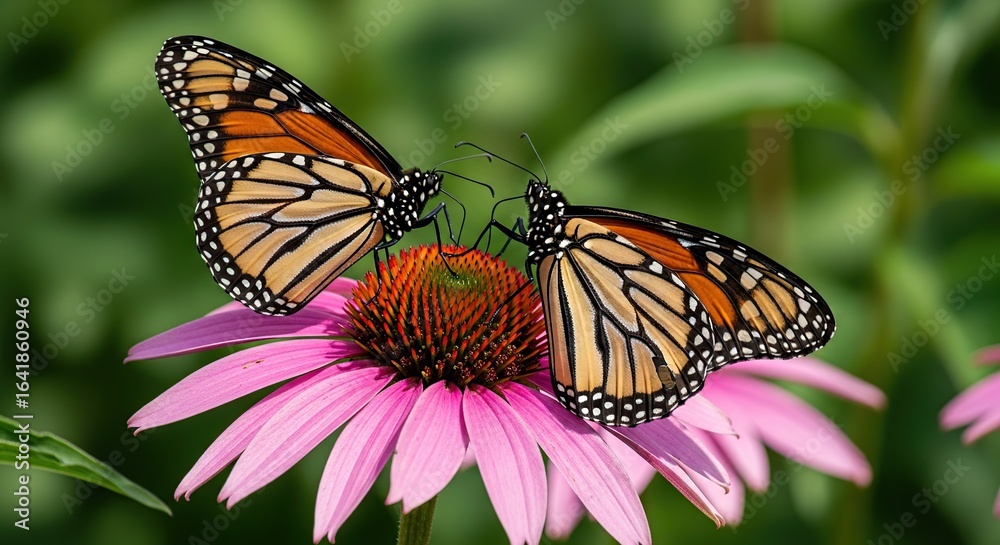 Naklejka premium Two monarch butterflies feeding on a pink coneflower