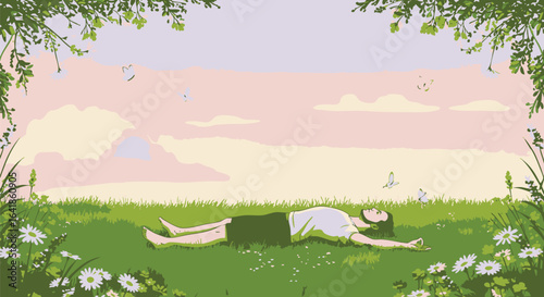 A serene illustration of a person lying in a lush green meadow, finding peace and tranquility among wildflowers and butterflies.