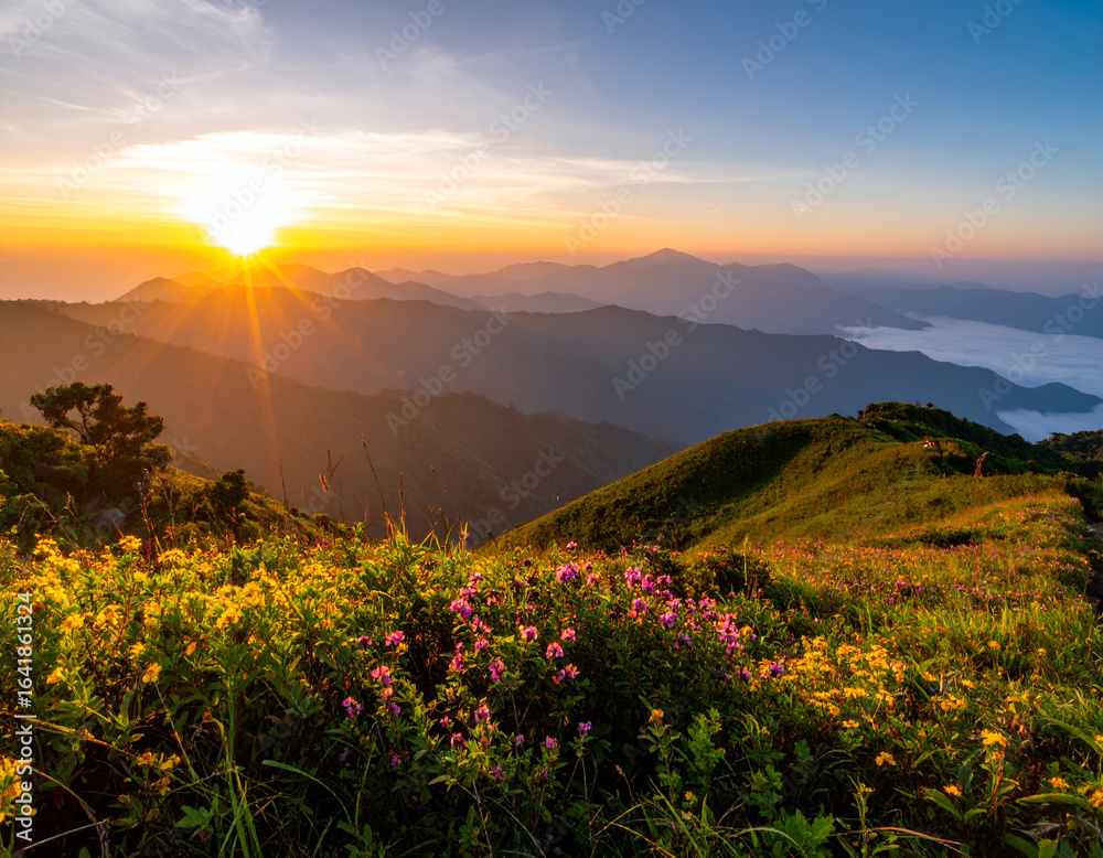 Obraz premium Sunrise Over Lush Green Mountain Landscape with Blooming Flowers