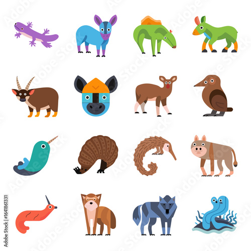 vector geometric animal faces, each composed of various polygons and bright colors. The animals are stylized in a low-poly art style, giving them a modern and artistic appearance. Each face 