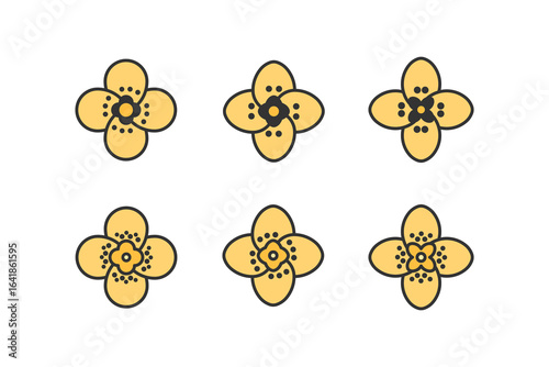 Colza, rapeseed, canola emblem. Set of 6 geometric shape. Production of oil, biofuel, mixed feed and cosmetics.
