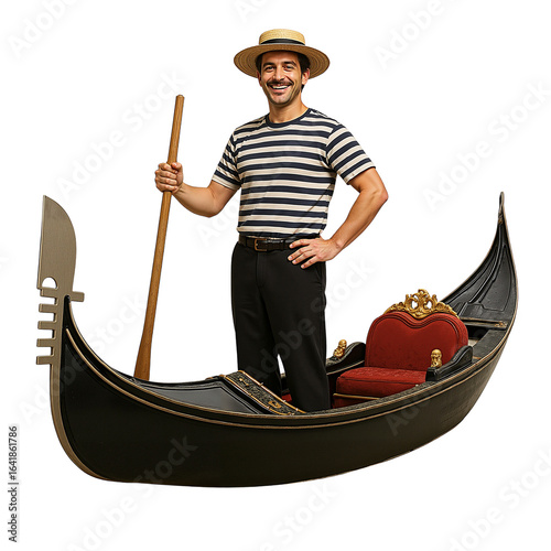 Gondolier smiling while standing in traditional gondola boat  