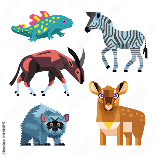 vector geometric animal faces, each composed of various polygons and bright colors. The animals are stylized in a low-poly art style, giving them a modern and artistic appearance. Each face 