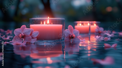 Pink candles and orchids on water