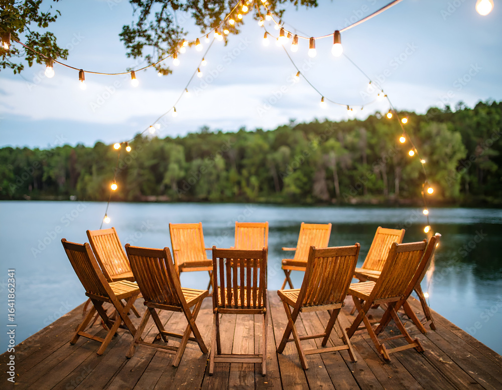 Fototapeta premium Wooden Chairs Arranged on a Lake Dock at Dusk with String Lights