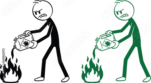 Stick figure arsonist pouring fuel on fire cartoon illustration