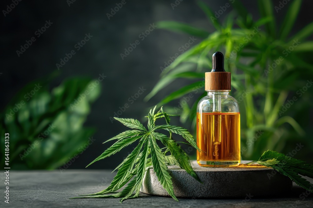 Fototapeta premium Golden oil dropper bottle surrounded by green leaves in a natural setting showcasing wellness and relaxation