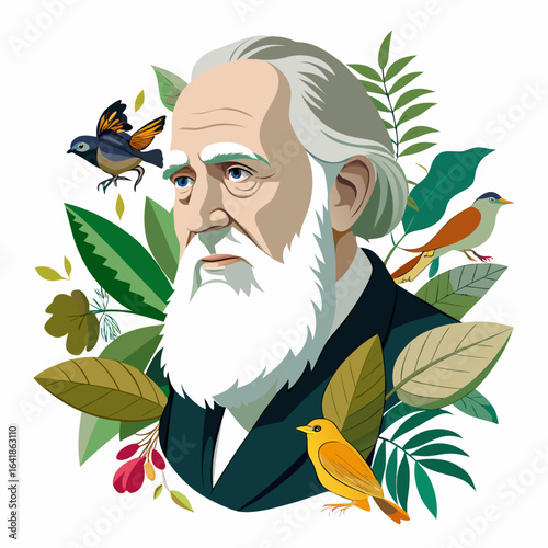 Charles Darwin Profile Vector with Natural Elements Symbolizing Evolution and Nature