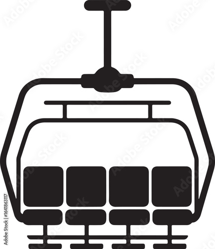 A simple black and white graphic of a ski lift chair with four seats presented as a silhouette