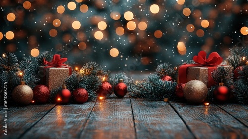 Festive Christmas gifts and ornaments on a wooden surface, twinkling lights and bokeh background