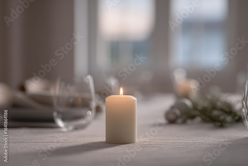minimalist atmosphere of christmas celebration in usa focusing on single candle at center of table