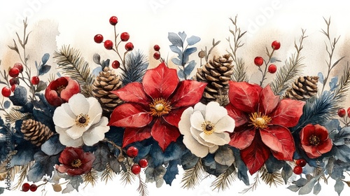 Watercolor floral winter border