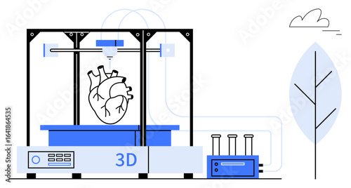 Advanced 3D printer crafting human heart, showcasing innovation in medicine and technology. Ideal for healthcare, biotechnology, research, education, engineering, labs, simple landing page