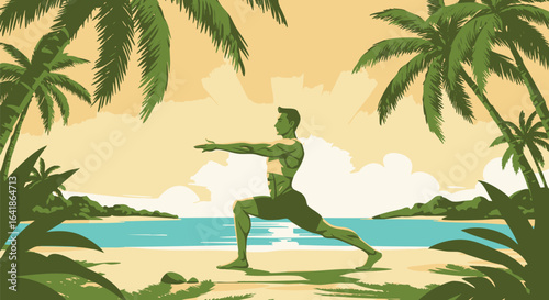 Man practicing yoga in a warrior pose on a tropical beach for wellness and relaxation. Vector illustration of a fitness retreat.