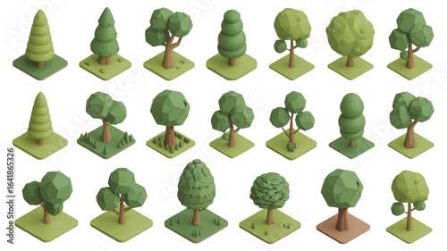 Isometric Tree Collection for Game Development or Landscape Design Green Low Poly Trees Different Shapes and Sizes on Isolated White Background