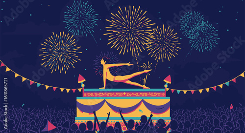 Grand festival celebration with a yoga performer on a vibrant stage, a cheering crowd, and spectacular fireworks display.