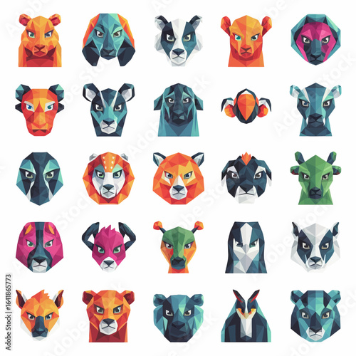 vector geometric animal faces, each composed of various polygons and bright colors. The animals are stylized in a low-poly art style, giving them a modern and artistic appearance. Each face 