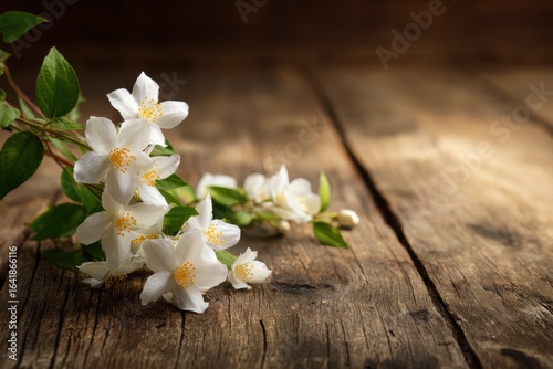 White jasmine flowers arranged on a rustic wooden table in soft natural light during early morning hours