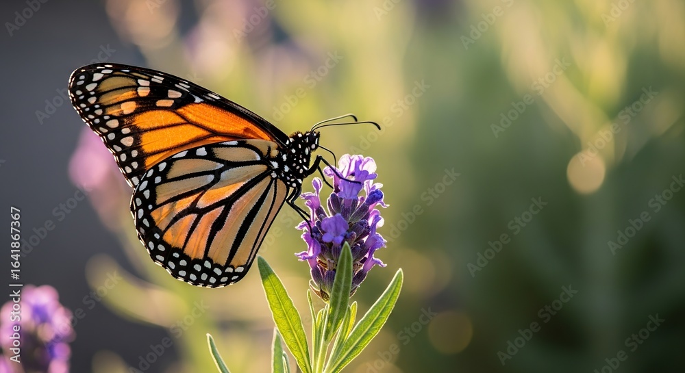 Fototapeta premium Monarch butterfly feeding on a purple lavender flower