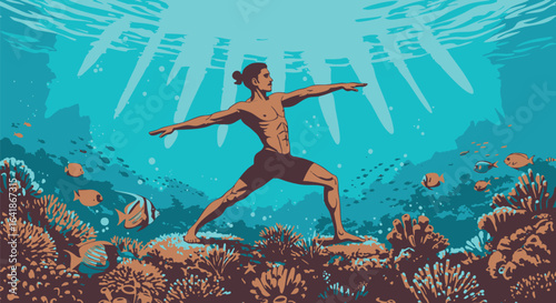 Man practicing yoga in a warrior pose underwater on a vibrant coral reef. Serene illustration of wellness and harmony with nature.