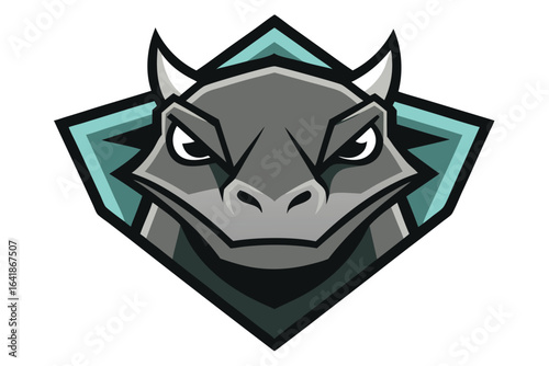 Gray dragon with white horns peers forward intensely inside geometric turquoise shape on white