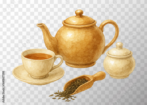 Tea set with teapot, teacup with saucer, sugar bowl and a wooden scoop with loose tea leaves.