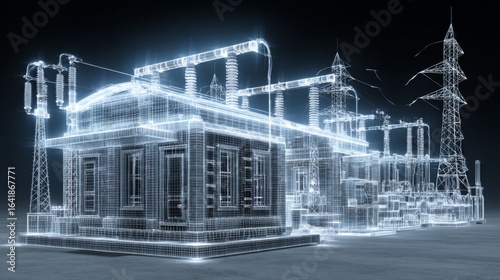 Electrical substation glowing wireframe blueprint