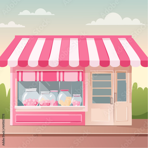 Pink Candy Store with Striped Awning and Candy Jars