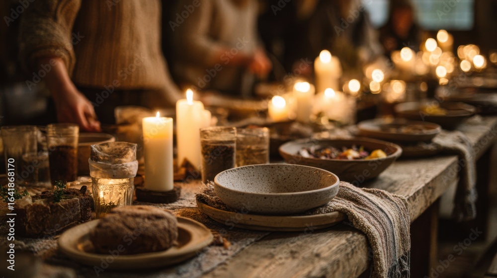 Fototapeta premium A rustic dining table set with candles, bowls, and bread. Soft lighting creates a warm atmosphere. People are gathered, enjoying a meal together.