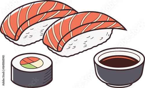 Isometric view of a Japanese bento box filled with sushi, vector illustration