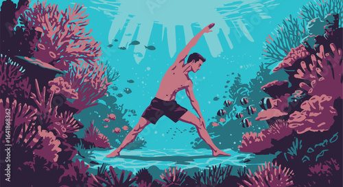 Surreal illustration of a man finding inner peace through yoga on the ocean floor among coral and fish.